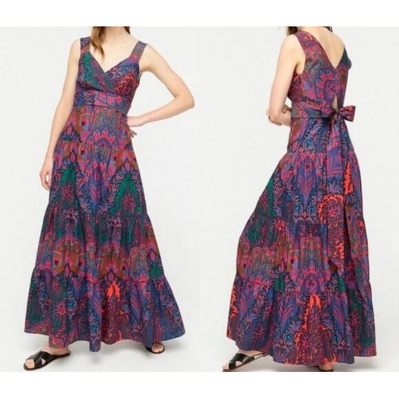 J.Crew Tiered Sleeveless Maxi Dress in Green Multi Ratti Scarf Paisley Size 10 - Picture 2 of 11